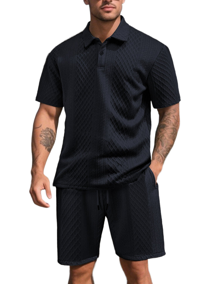 Men's three-dimensional relief leisure set with polo collar, concealed button placket and elastic drawstring shorts StylebySassy