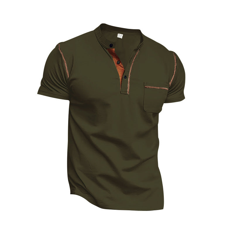 Men's modern short-sleeve Henley with stand collar, contrast stitching, and patch chest pocket StylebySassy