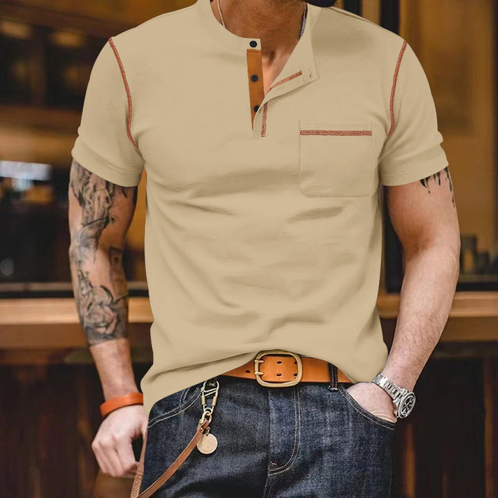 Men's short-sleeve shirt with stand-up collar, half-button placket, and chest pocket StylebySassy