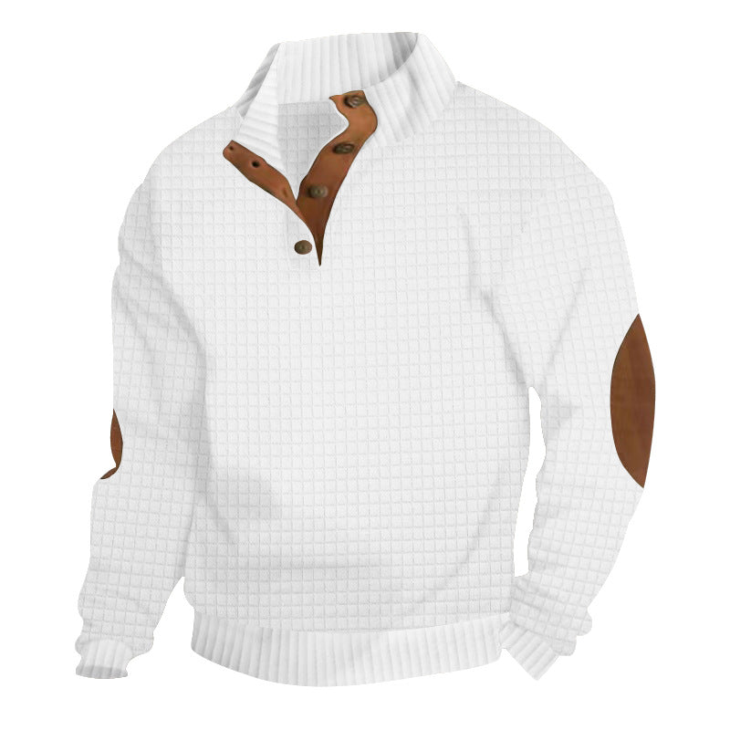 Men's waffle structure troyer with stand-up collar, button placket and nappa leather elbow patches StylebySassy