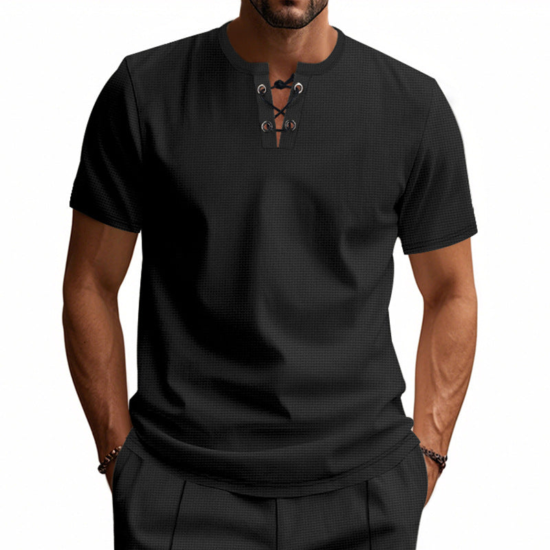 Men's short-sleeve shirt with lacing at the neckline and waffle texture StylebySassy