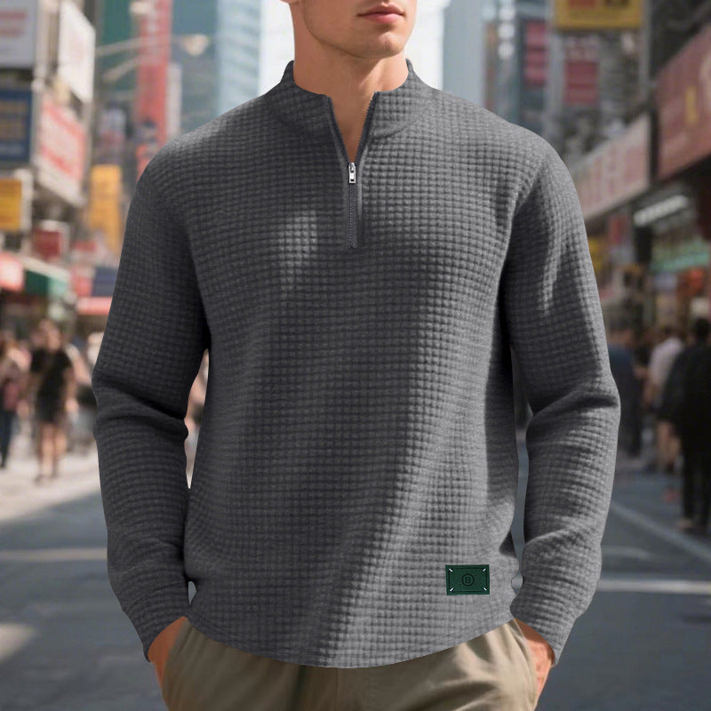 Men's nano lightweight waffle knit pullover with short collar zipper and rounded hem StylebySassy