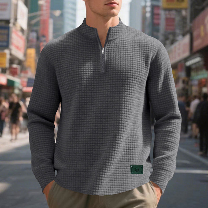 Men's nano lightweight waffle knit pullover with short collar zipper and rounded hem StylebySassy
