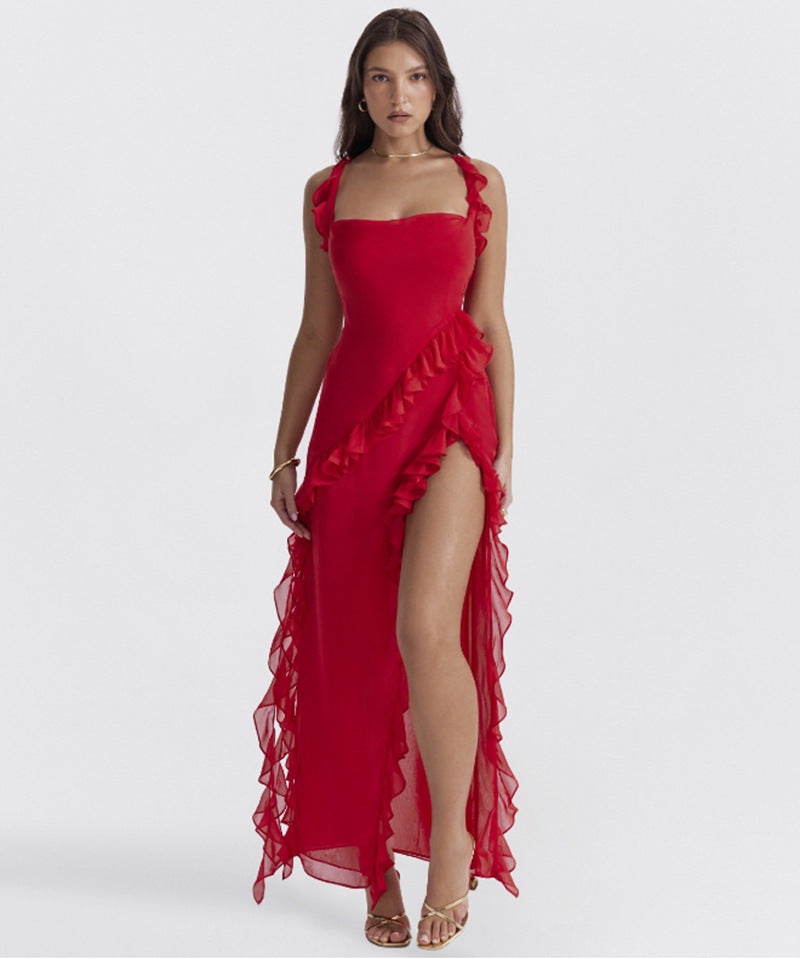 Women long evening dress with square neckline, shoulder ruffle straps, and high leg slits StylebySassy