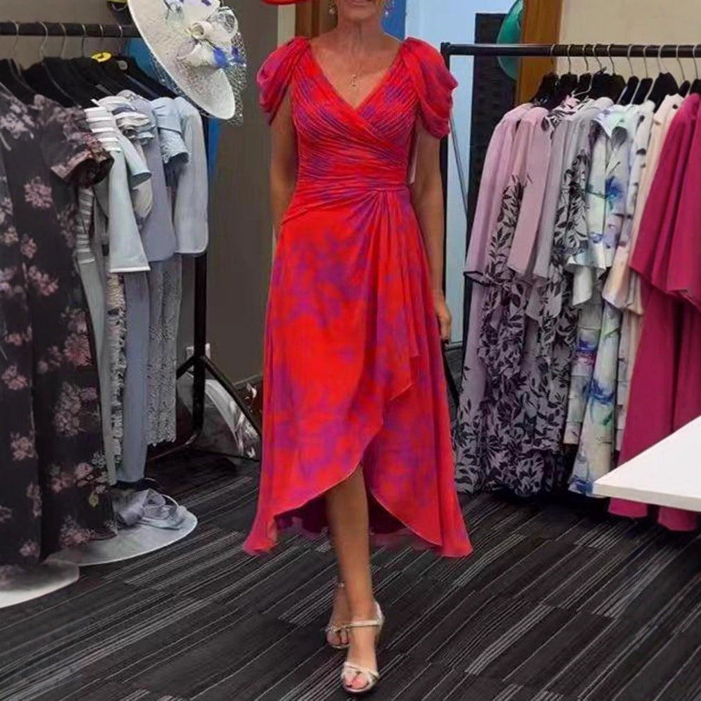 Women's wrap midi dress with ruched bodice, puff sleeves, and asymmetric waterfall hem StylebySassy