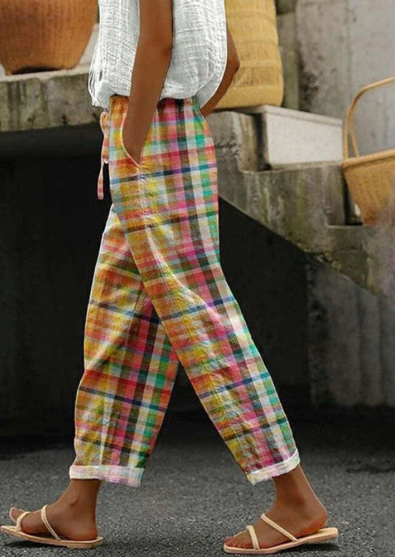 Women's casual checkered linen pants with elastic drawstring waistband and rolled hem StylebySassy