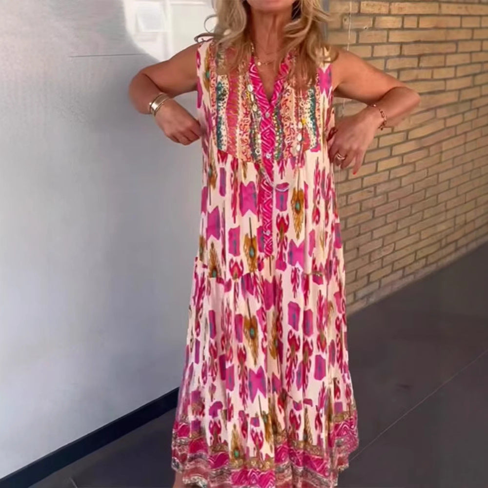 Ladies' flowing maxi dress in boho style with V-neck, tiered skirt and embroidered yoke StylebySassy