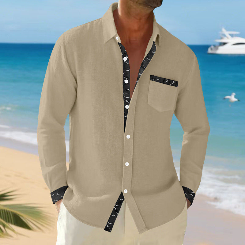 Men's casual linen blend shirt with contrasting trim on collar and cuffs as well as breast pocket StylebySassy