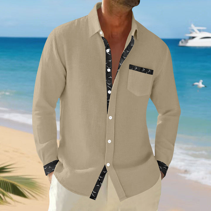 Men's casual linen blend shirt with contrasting trim on collar and cuffs as well as breast pocket StylebySassy