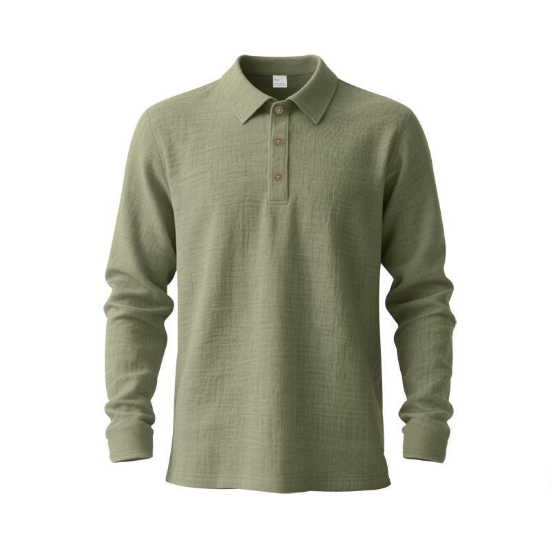 Men's long sleeve polo shirt made of cotton gauze with a shirt collar, three-button placket, and relaxed fit StylebySassy