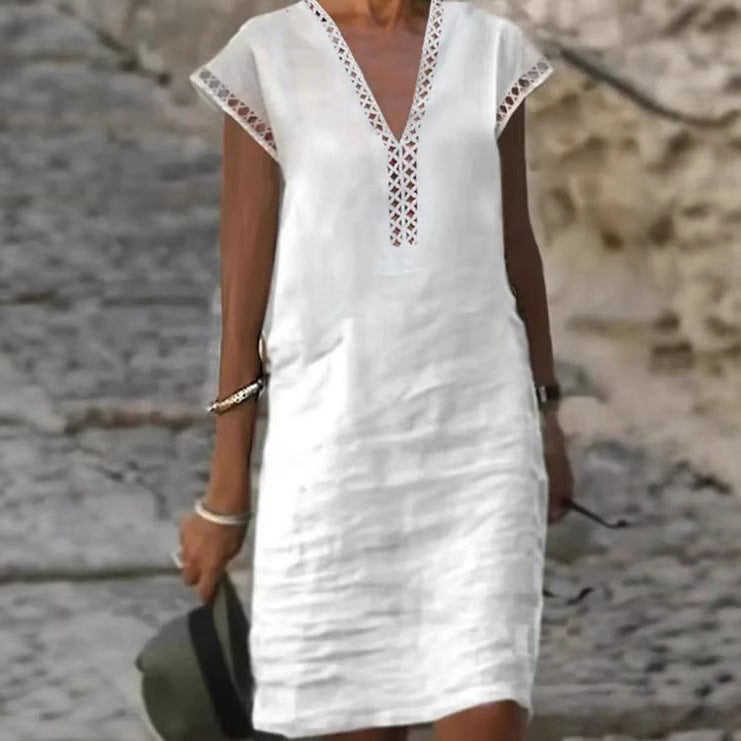 Women nan lightweight linen kaftan dress with V-neck and lace trim StylebySassy