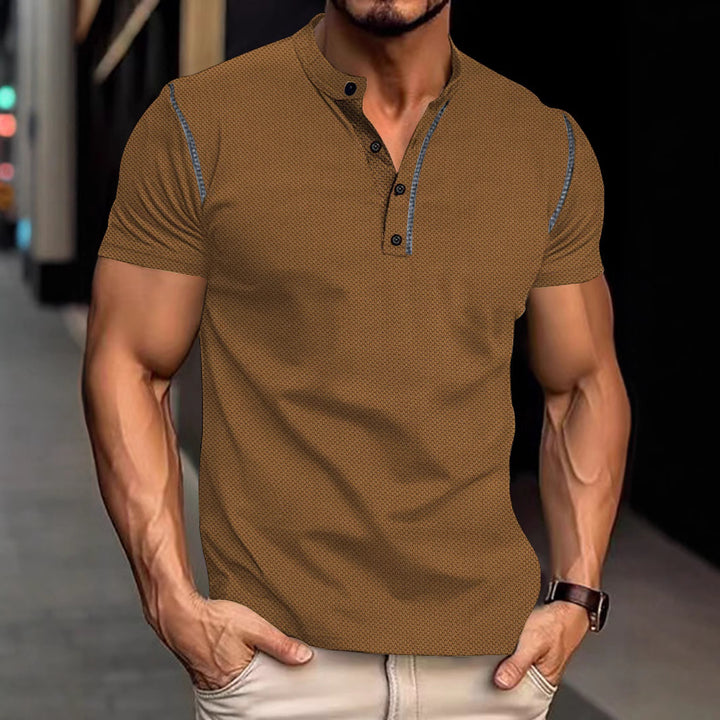 Men's tapered structured polo shirt with stand-up collar and decorative piping StylebySassy