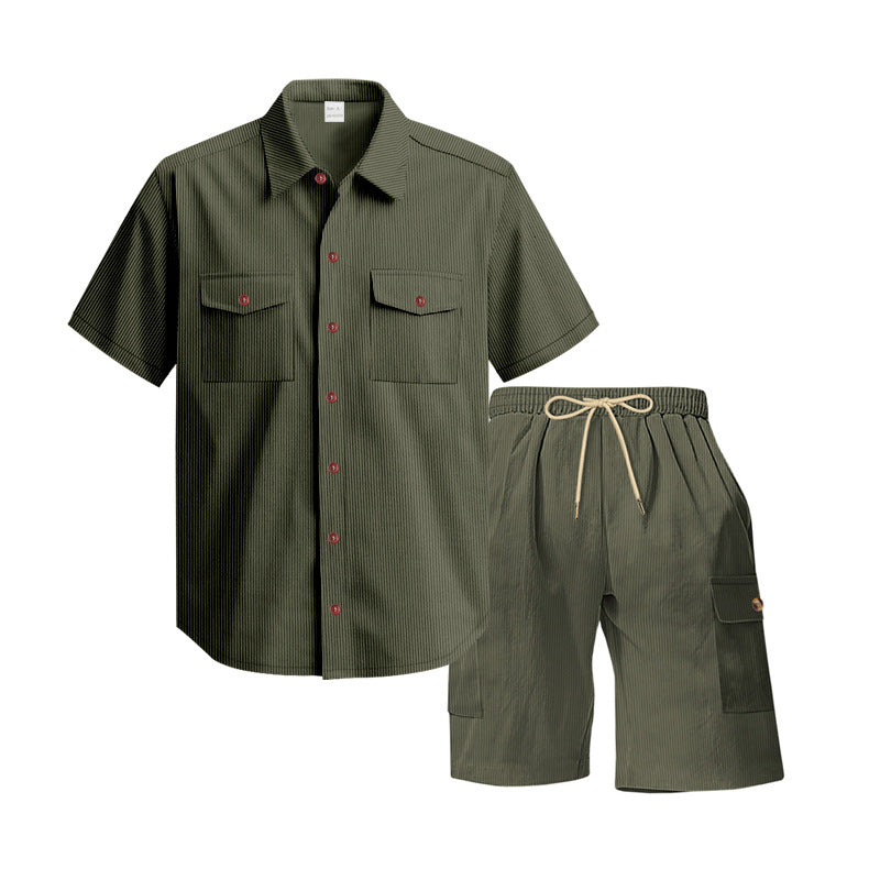 Men's structured short-sleeve shirt and bermuda set with flap pockets and elastic waistband StylebySassy