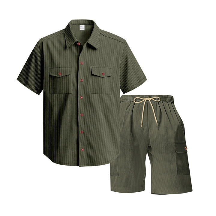 Men's structured short-sleeve shirt and bermuda set with flap pockets and elastic waistband StylebySassy