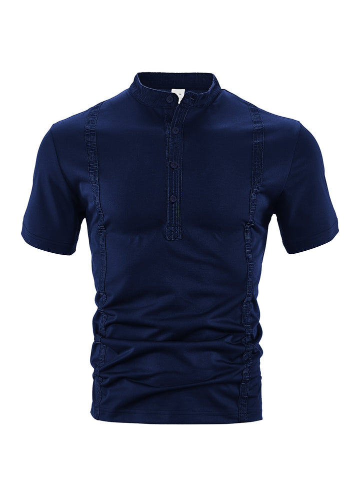 Men's short sleeve stand collar shirt with concealed button placket, decorative piping and fitted silhouette StylebySassy