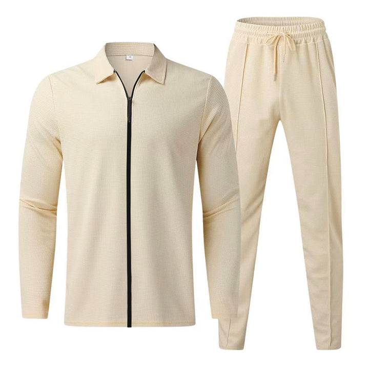 Men's casual waffle texture tracksuit with shirt collar, concealed zipper and drawstring pants StylebySassy