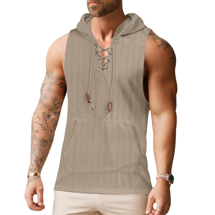 Men sleeveless hoodie sweatshirt with laced collar and kangaroo pocket StylebySassy