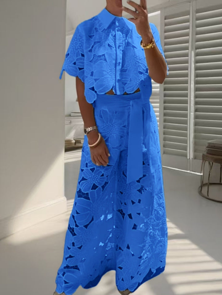 Ladies two-piece lace ensemble with crop top and wide palazzo pants StylebySassy