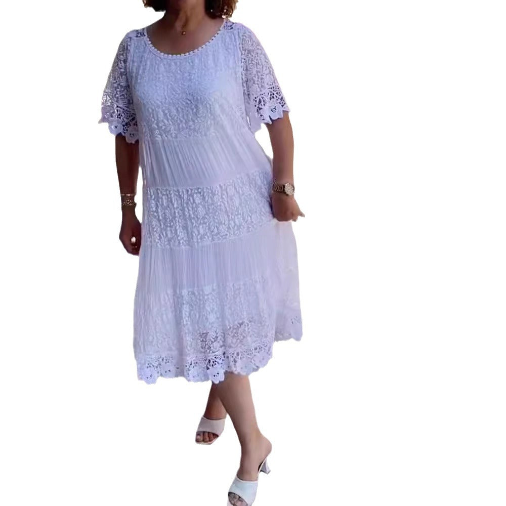 Women's midi dress with lace tiers, pleated inserts and short trumpet sleeves StylebySassy