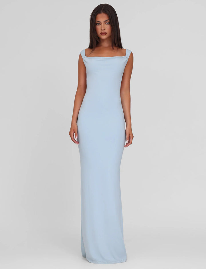 Women's body-hugging evening dress with square neckline and wide straps StylebySassy