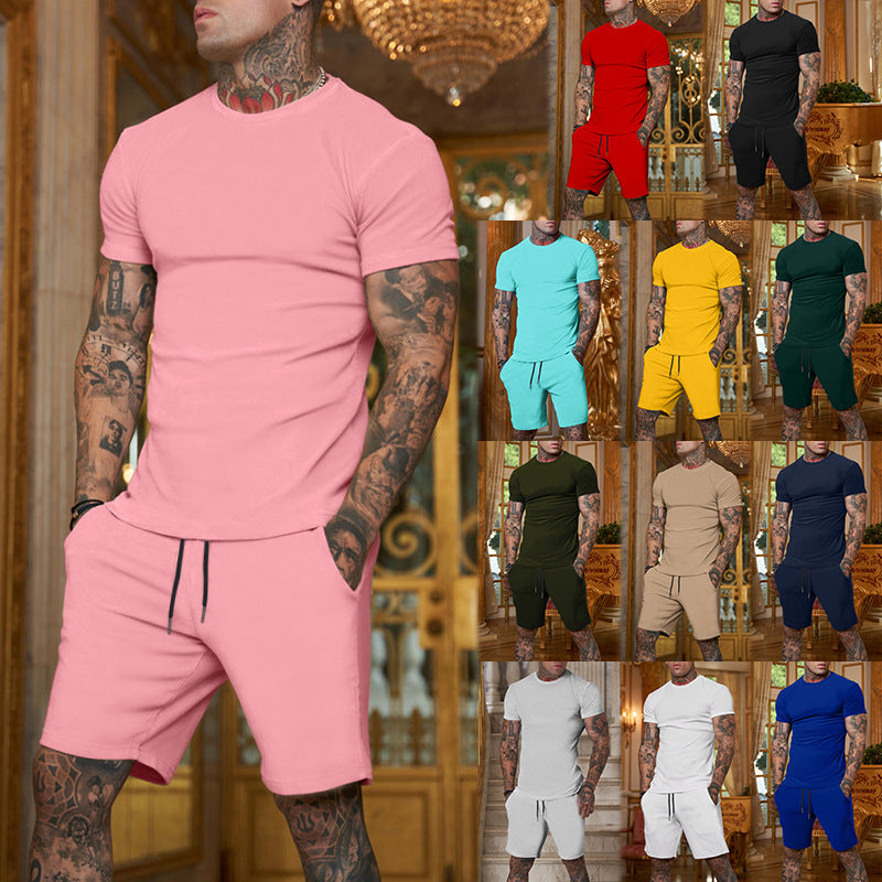 Men's slim Jersey set with round neck shirt and elastic drawstring shorts StylebySassy