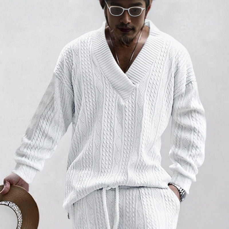 Men's Oversize Cable Knit Long Sweater with Deep V-Neck and Matching Knit Pants StylebySassy