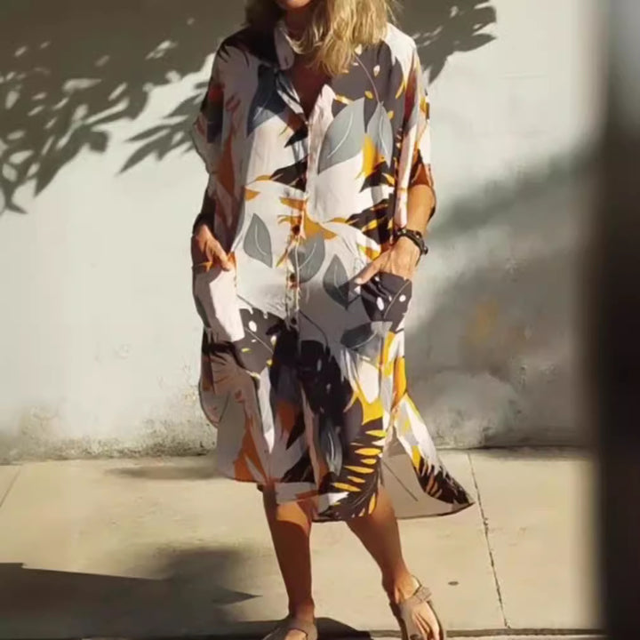 Women's airy-light kaftan shirt dress with dropped shoulder, hidden button placket, and side pockets StylebySassy