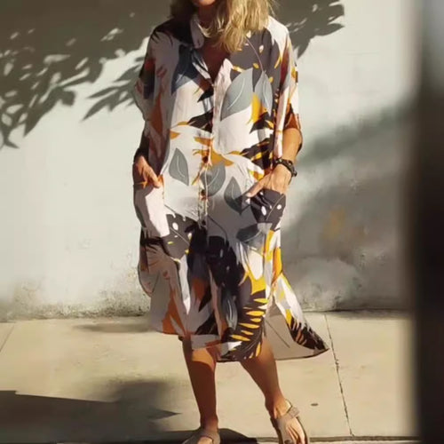 Women's airy-light kaftan shirt dress with dropped shoulder, hidden button placket, and side pockets StylebySassy