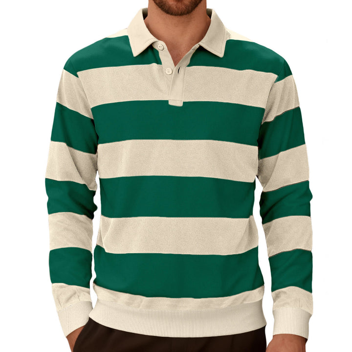 Men's striped rugby polo with a Kent collar, two-button placket, and ribbed hem StylebySassy