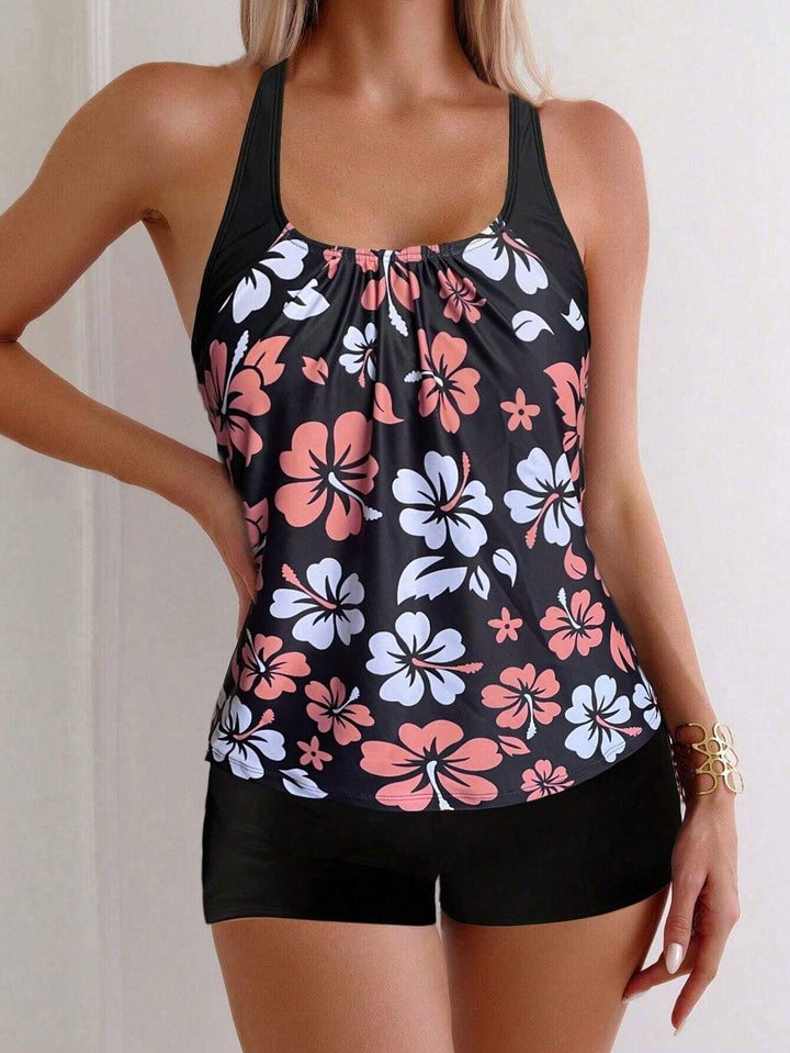 Women's Sporty Tankini Set with Floral Accents StylebySassy