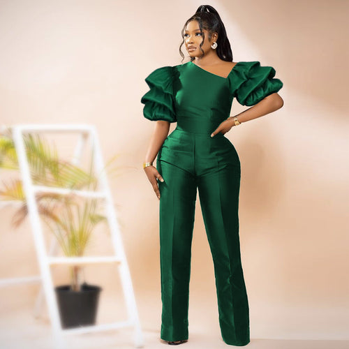 Ladies Elegant Jumpsuit with Asymmetric Puffed Sleeves StylebySassy
