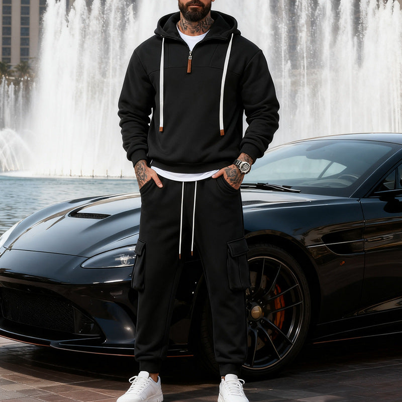 Men's casual fleece tracksuit with half zipper and cargo pockets StylebySassy