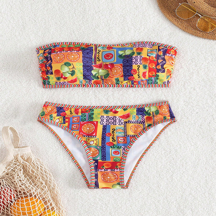 Ladies bandeau bikini with fruity pattern and decorative contrasting seams StylebySassy