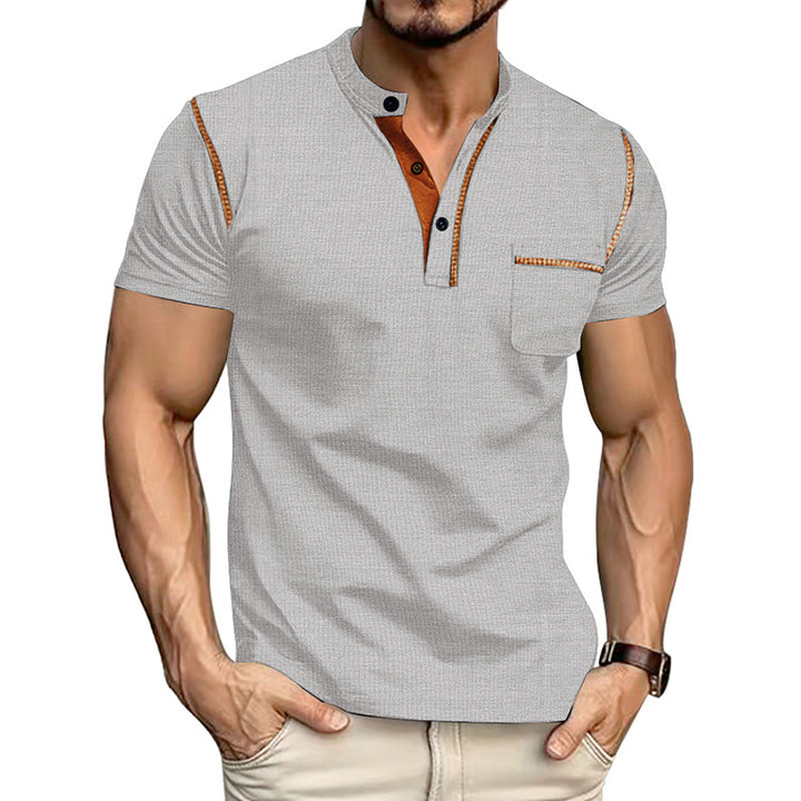 Men's short-sleeved polo shirt with stand-up collar button placket chest pocket made of elastic cotton blend StylebySassy