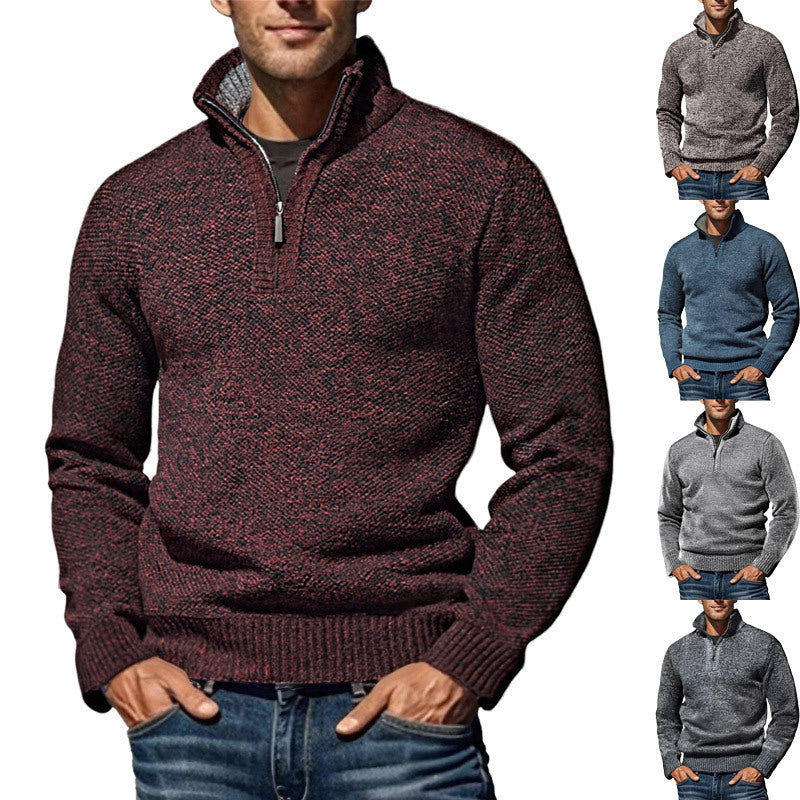 Men's coarse knitted sweater with half zipper and high stand-up collar StylebySassy