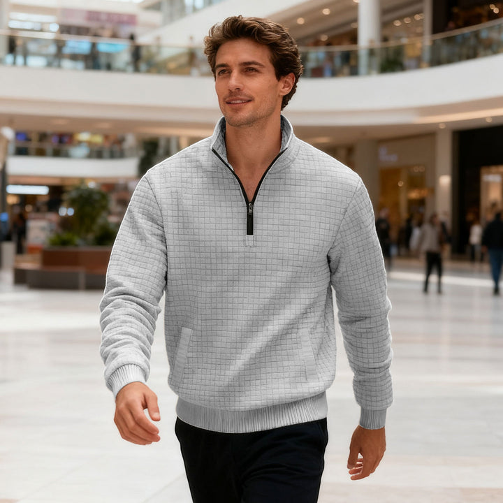 Men's quilted half-zip sweater with square waffle texture and kangaroo pocket StylebySassy