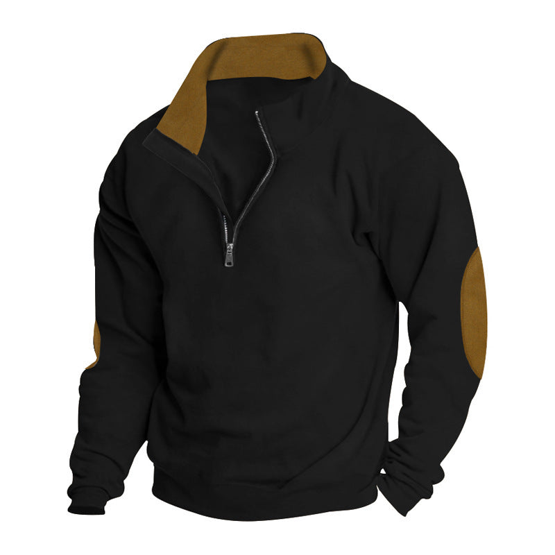 Men's short zip stand collar sweater with contrast collar and suede elbow patches StylebySassy