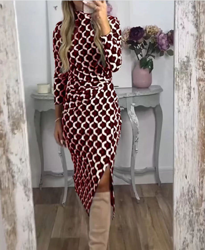 Women's narrow cut midi dress with geometric print, gathered waist and asymmetric slit StylebySassy