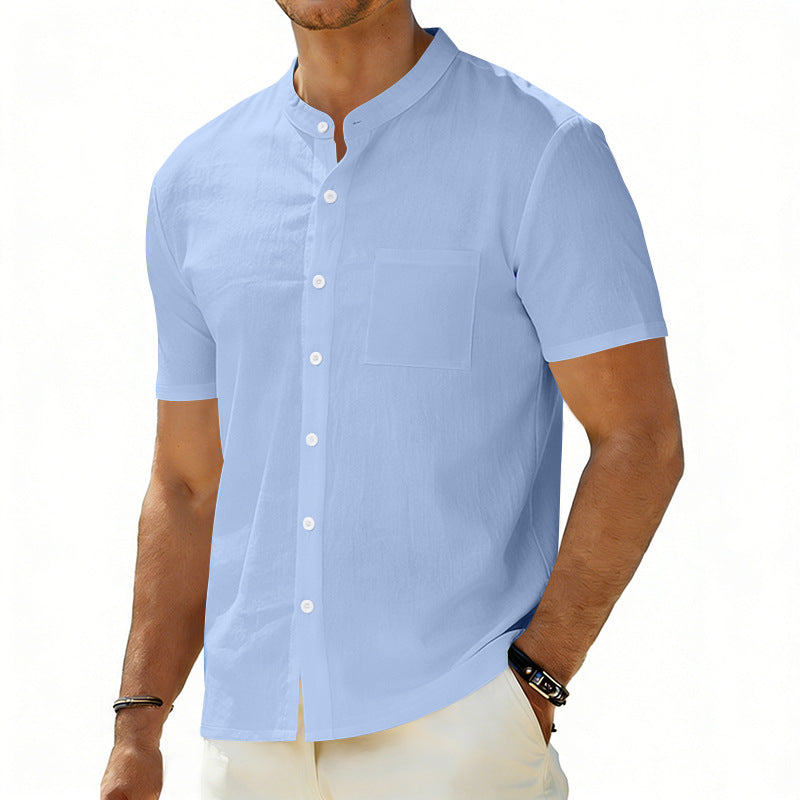 Men's short-sleeved linen shirt with stand-up collar and chest pocket StylebySassy