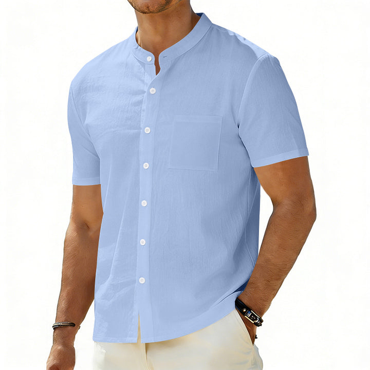 Men's short-sleeved linen shirt with stand-up collar and chest pocket StylebySassy