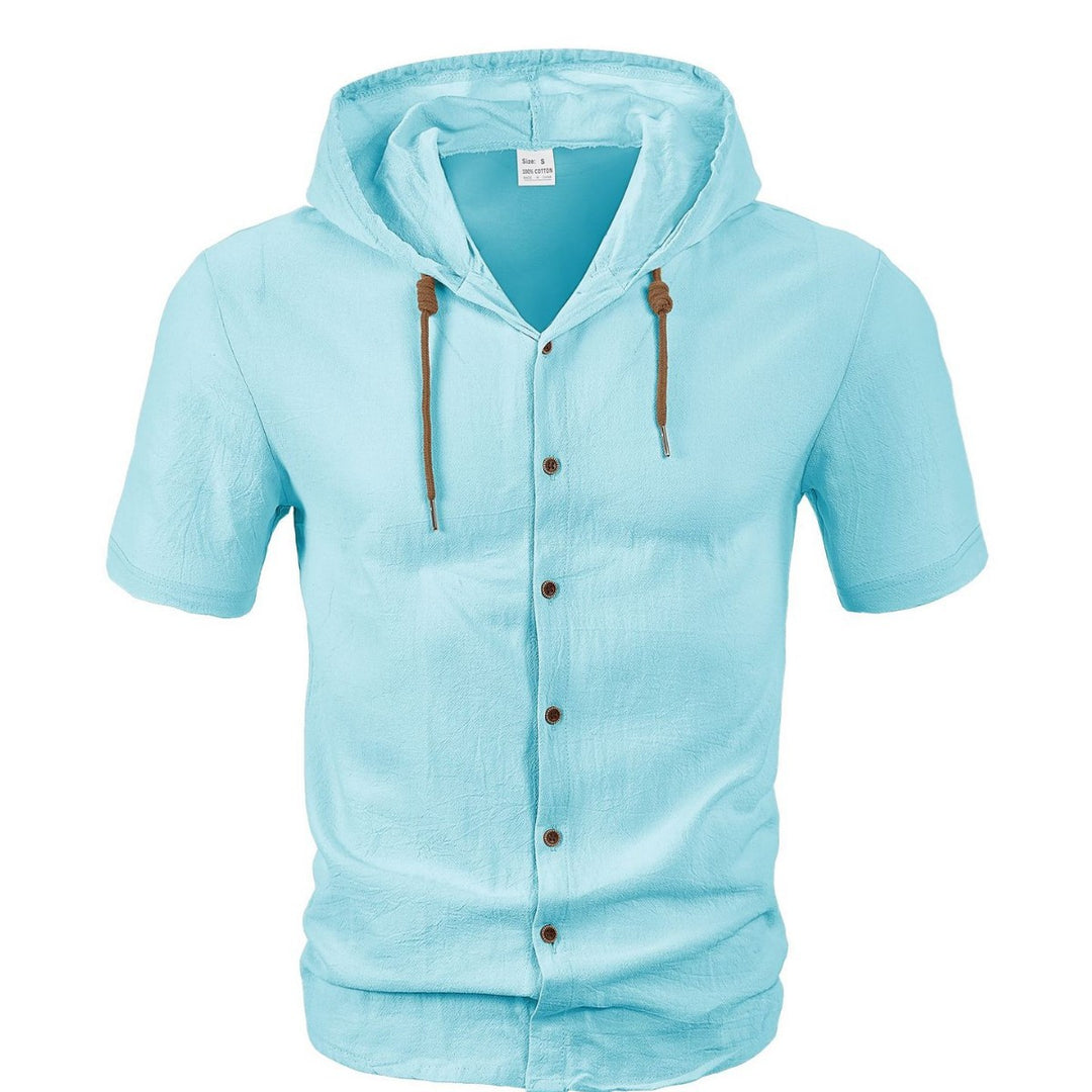 Men's short-sleeve hooded shirt with natural fiber texture, button-up front, and drawstring StylebySassy