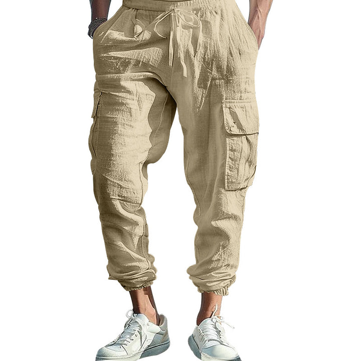 Men's Casual Linen Cargo Joggers with Drawstring Waist, Large Flap Pockets and Elastic Ankle Cuffs StylebySassy