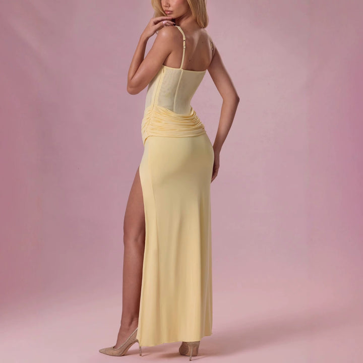 Ladies Charming Maxi Dress with Structured Corset and High Slit StylebySassy