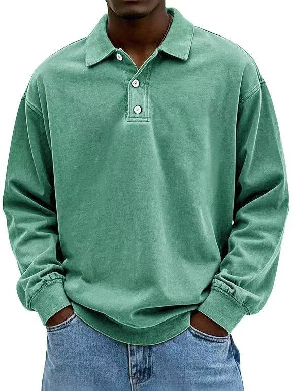 Men's casual polo shirt sweatshirt with collar, vintage wash and three-piece button placket StylebySassy