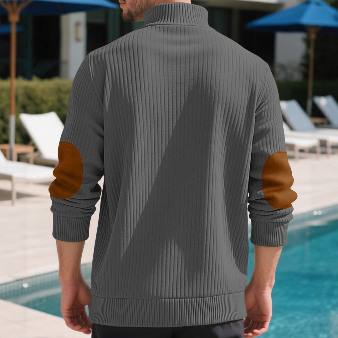 Men's ribbed half-button pullover with Kent collar and leather trim StylebySassy