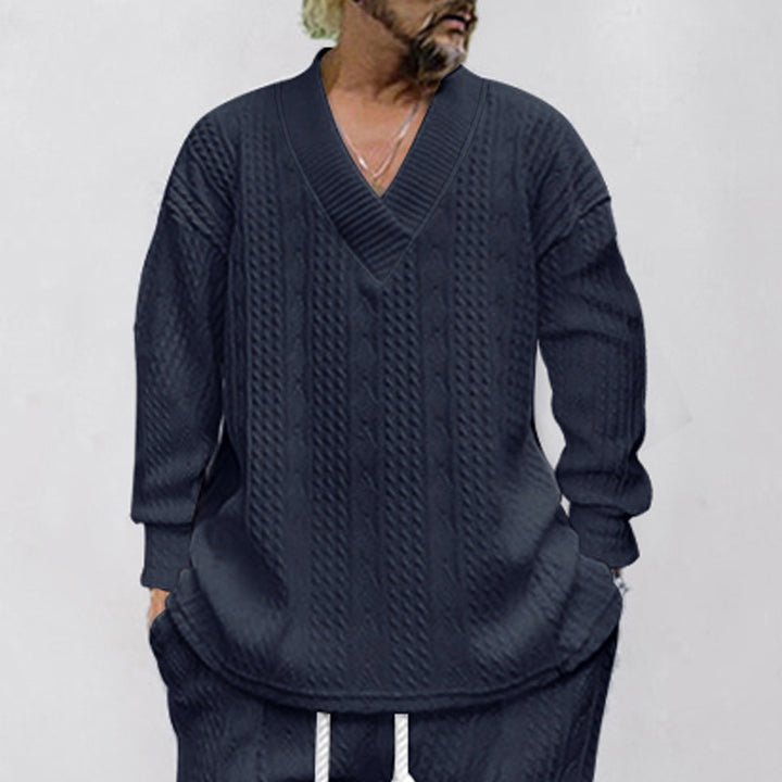 Men's Oversize Cable Knit Long Sweater with Deep V-Neck and Matching Knit Pants StylebySassy