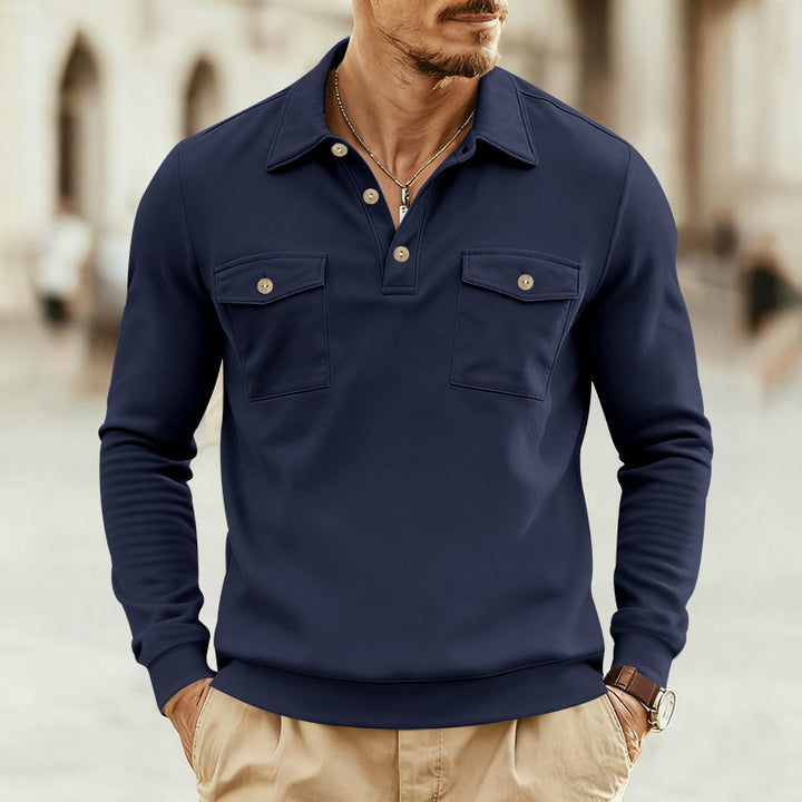 Men's fitted long sleeve polo shirt with shirt collar and applied breast pockets StylebySassy