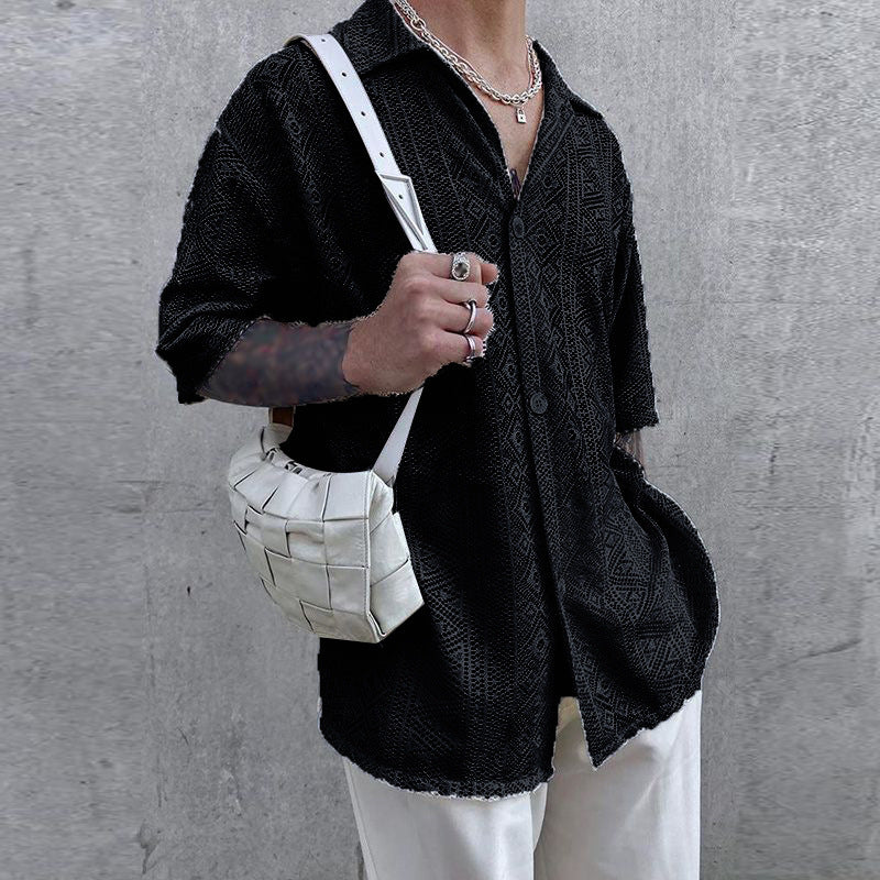 Women's light crocheted blouse with shirt collar and button placket StylebySassy