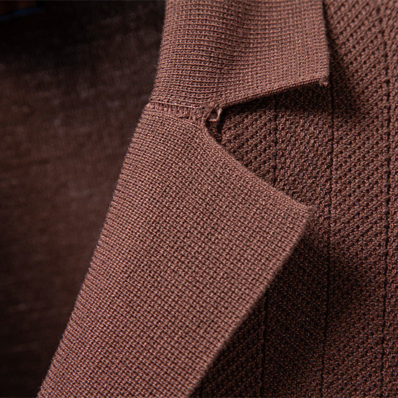 Men's short sleeve knitted cardigan with lapel collar and fine textured knit StylebySassy