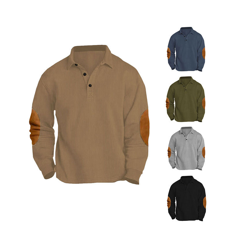 Men's nan legeres long sleeve polo shirt with shirt collar, short button placket, fine texture and velour elbow patches StylebySassy